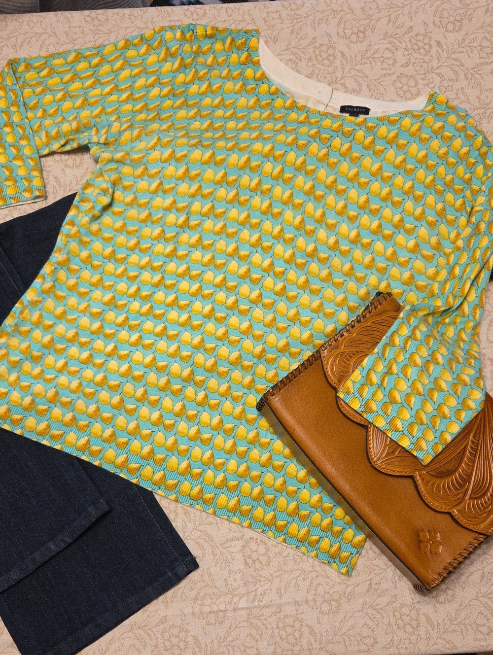 Talbots Yellow & Aqua Pear Design Sweater With Back Buttons